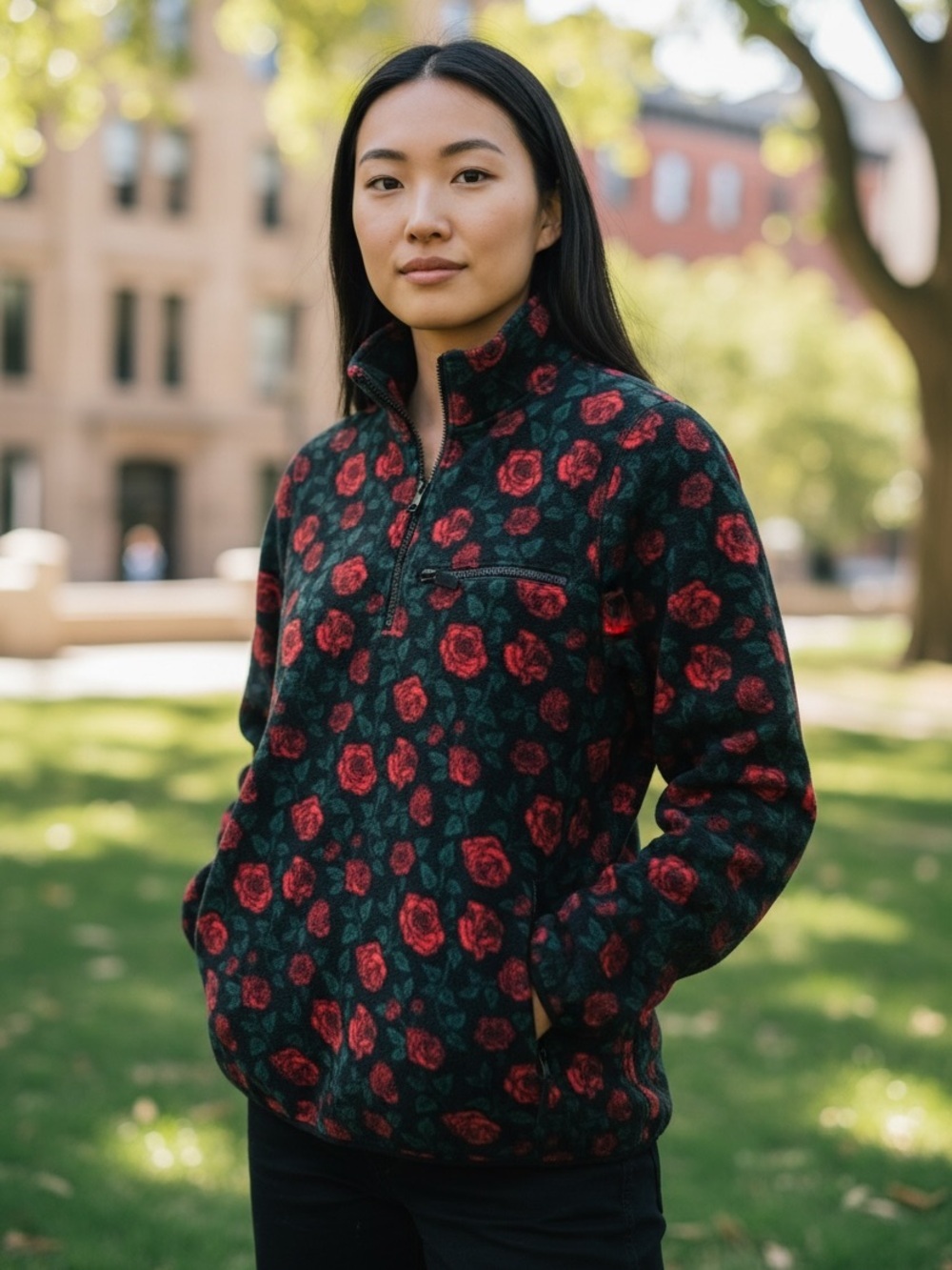 Empyre 1/4 Zip Pullover Fleece Jacket Dark Black with Red Roses